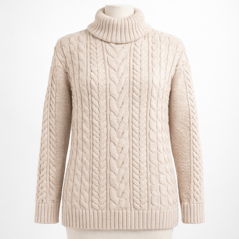 Gap Chunky Cable Knit Heavyweight Turtleneck Sweater Size L‎ Tan Cream Fisherman